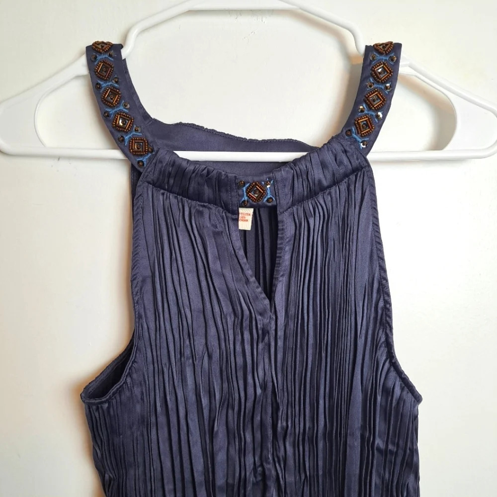 Sundance Nightfall Blue Pleated Beaded Y2K Long Boho Glam Satin Shirt‎ Sz Medium